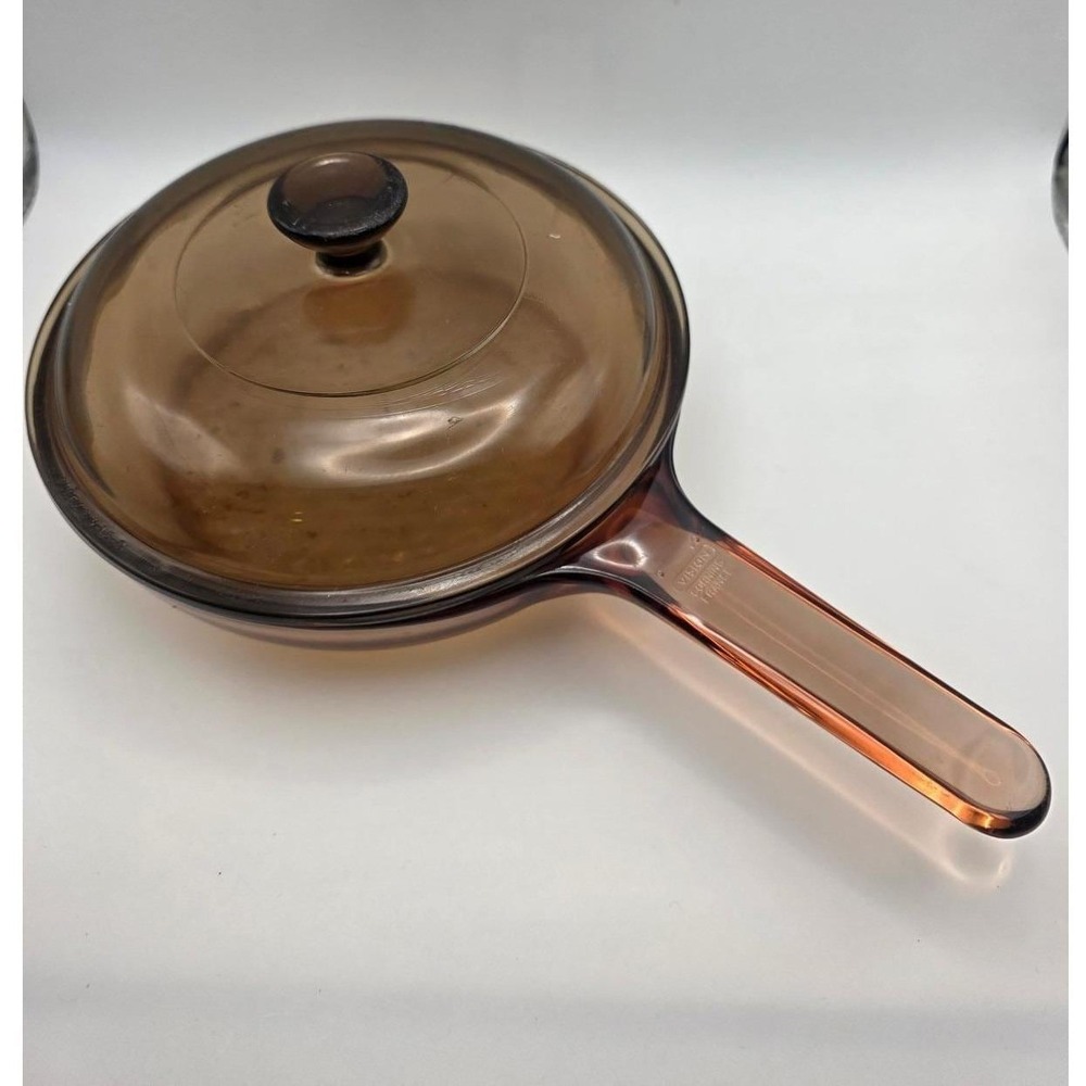 Vintage Vision Corning Ware 7" Frying Pan Waffle Bottom Lid Pyrex Amber Skillet